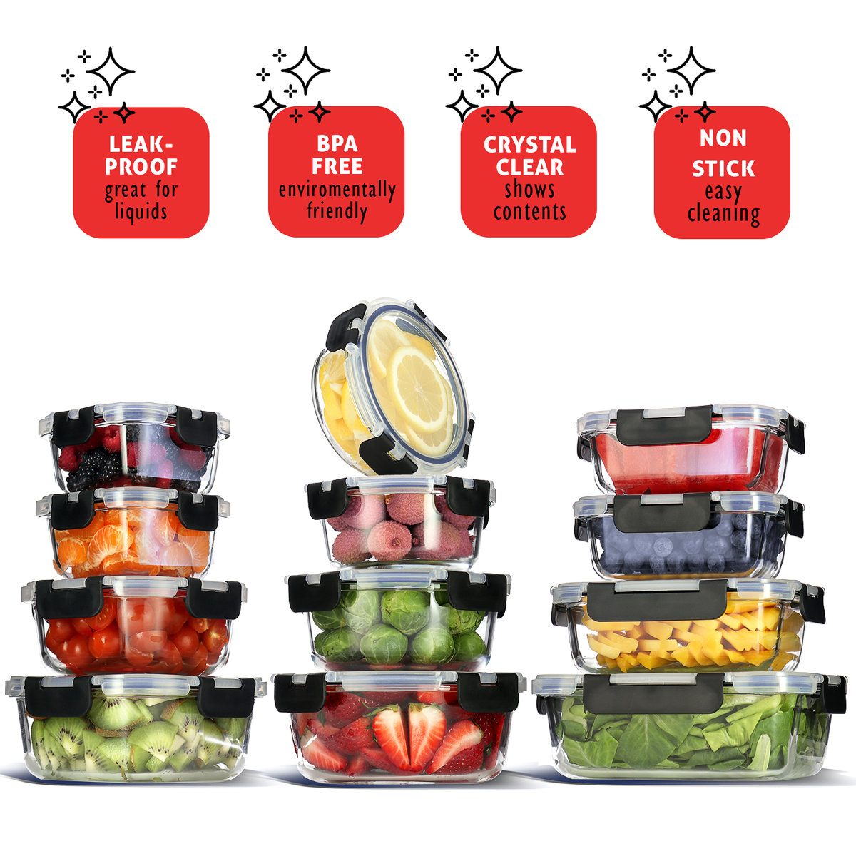 Ivy Bronx 24pc Glass Storage Containers with Lids, 12 Food Storage Containers with 12 Airtight Lids (Set of 12)